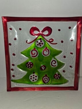 Christmas Tree Cookie Glaze Bubbled Glass Plate / Dish  7" x 7" Handmade Holiday
